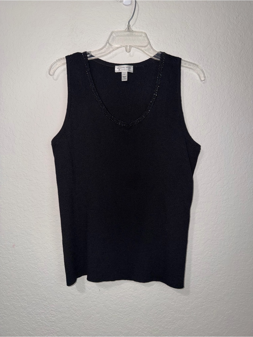 St. John Sport by Marie Gray Black Beaded V-Neck Knit Tank